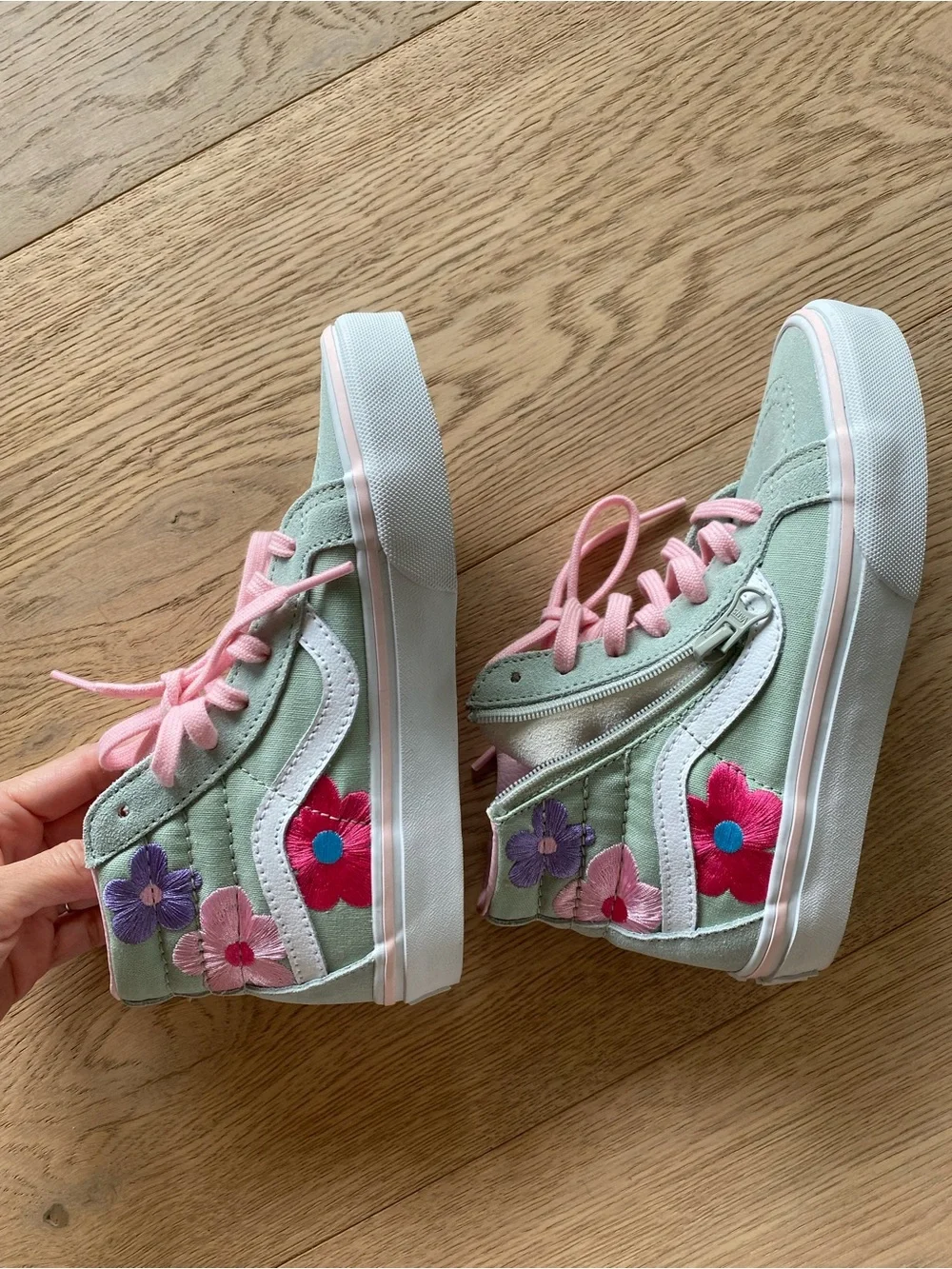New! Vans Kids Mint Green High-Top Sneakers with Pink Laces and Floral Patches